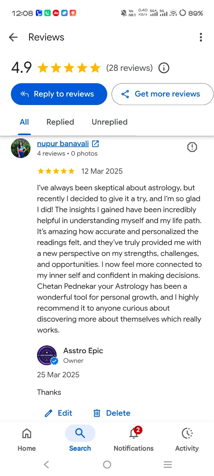 Google review describing accurate and personalized astrology insights